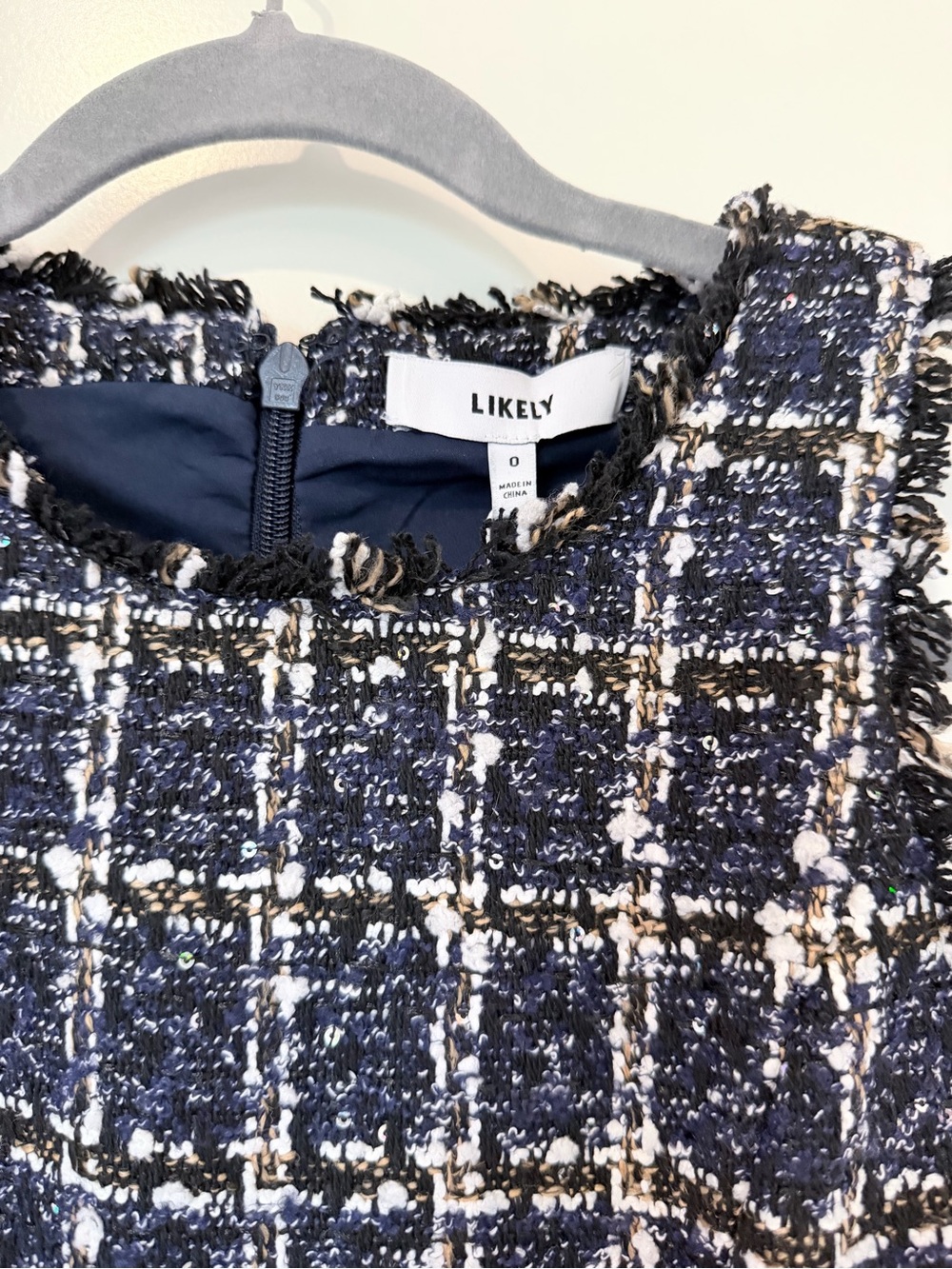 Likely Navy White and Tan Tweed Fringe Shift Dress